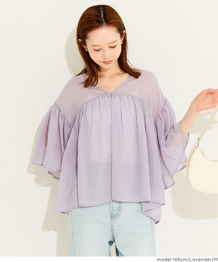 日系V領透膚荷葉拼接上衣 (Sheer sleeve flared blouse )