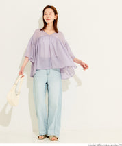 日系V領透膚荷葉拼接上衣 (Sheer sleeve flared blouse )