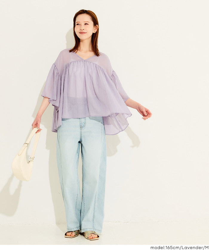 日系V領透膚荷葉拼接上衣 (Sheer sleeve flared blouse )
