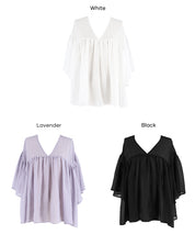 日系V領透膚荷葉拼接上衣 (Sheer sleeve flared blouse )