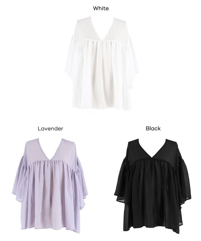 日系V領透膚荷葉拼接上衣 (Sheer sleeve flared blouse )
