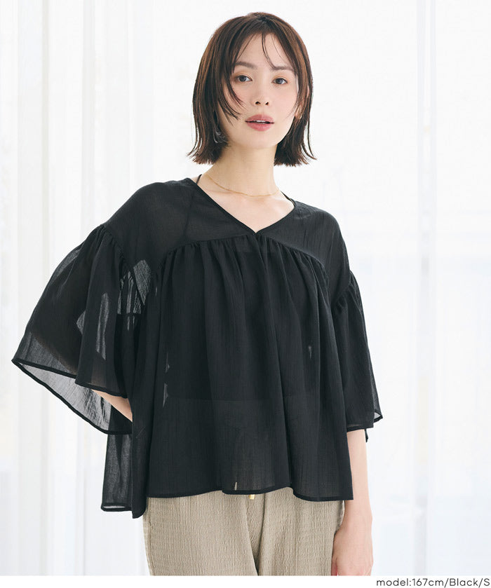 日系V領透膚荷葉拼接上衣 (Sheer sleeve flared blouse )