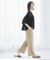 日系V領透膚荷葉拼接上衣 (Sheer sleeve flared blouse )