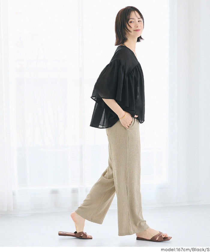 日系V領透膚荷葉拼接上衣 (Sheer sleeve flared blouse )