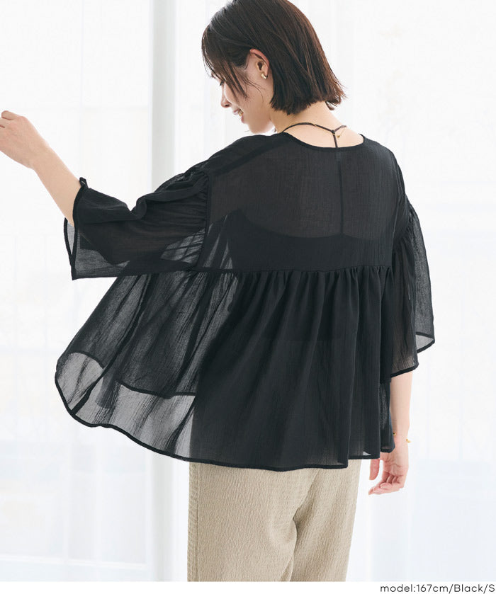 日系V領透膚荷葉拼接上衣 (Sheer sleeve flared blouse )