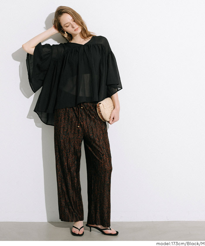 日系V領透膚荷葉拼接上衣 (Sheer sleeve flared blouse )