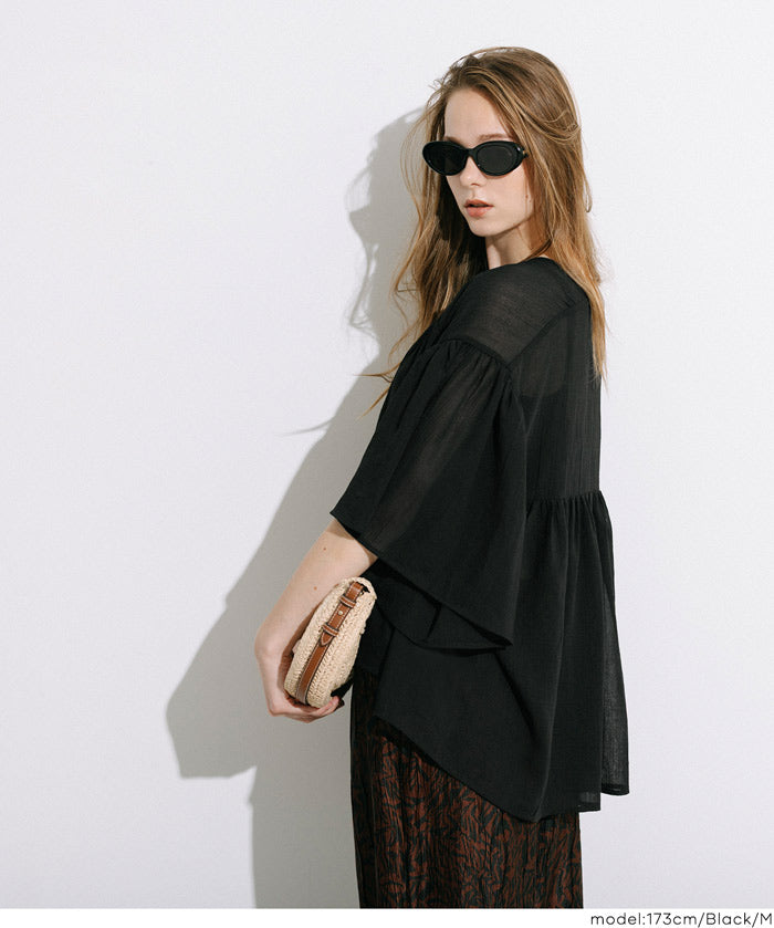日系V領透膚荷葉拼接上衣 (Sheer sleeve flared blouse )
