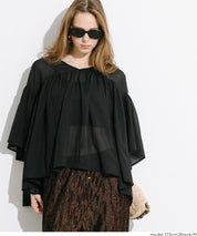 日系V領透膚荷葉拼接上衣 (Sheer sleeve flared blouse )