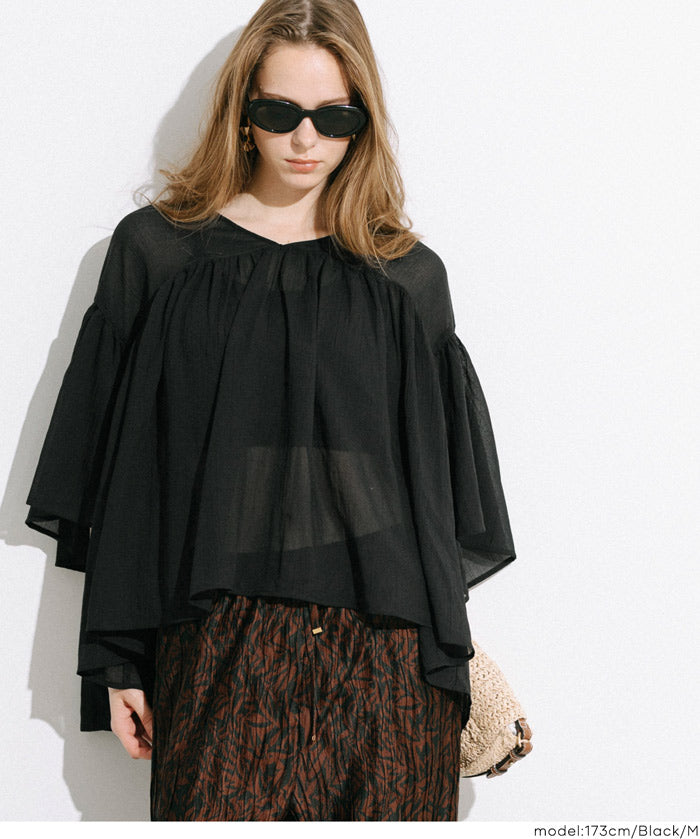 日系V領透膚荷葉拼接上衣 (Sheer sleeve flared blouse )