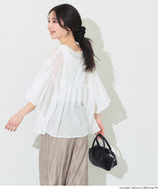 日系V領透膚荷葉拼接上衣 (Sheer sleeve flared blouse )