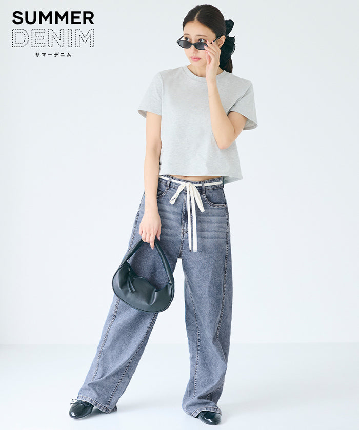 極輕無重力 夏日闊腿抽繩牛仔褲 (Summer denim wide-leg pants)