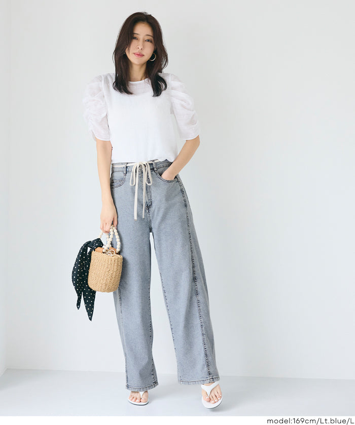 極輕無重力 夏日闊腿抽繩牛仔褲 (Summer denim wide-leg pants)