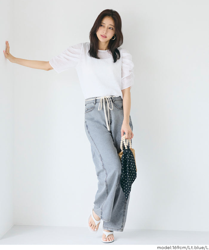 極輕無重力 夏日闊腿抽繩牛仔褲 (Summer denim wide-leg pants)