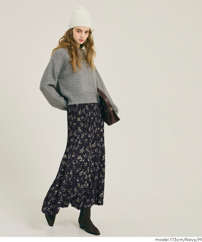 Elegant floral pleated A-line maxi skirt 