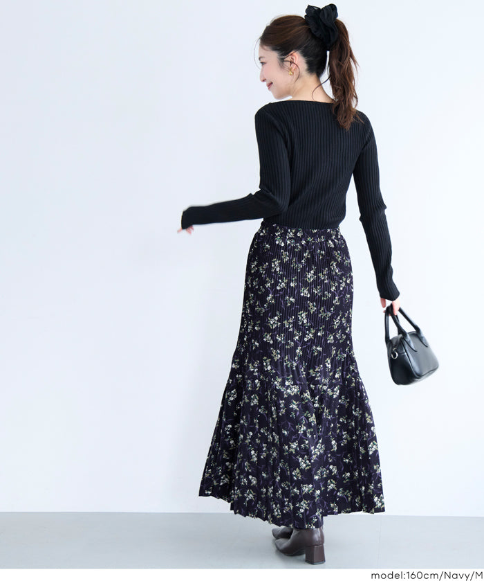 Elegant floral pleated A-line maxi skirt 