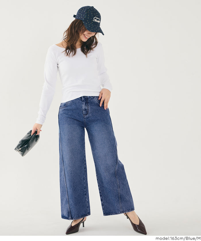 日系設計感剪裁闊腿牛仔褲