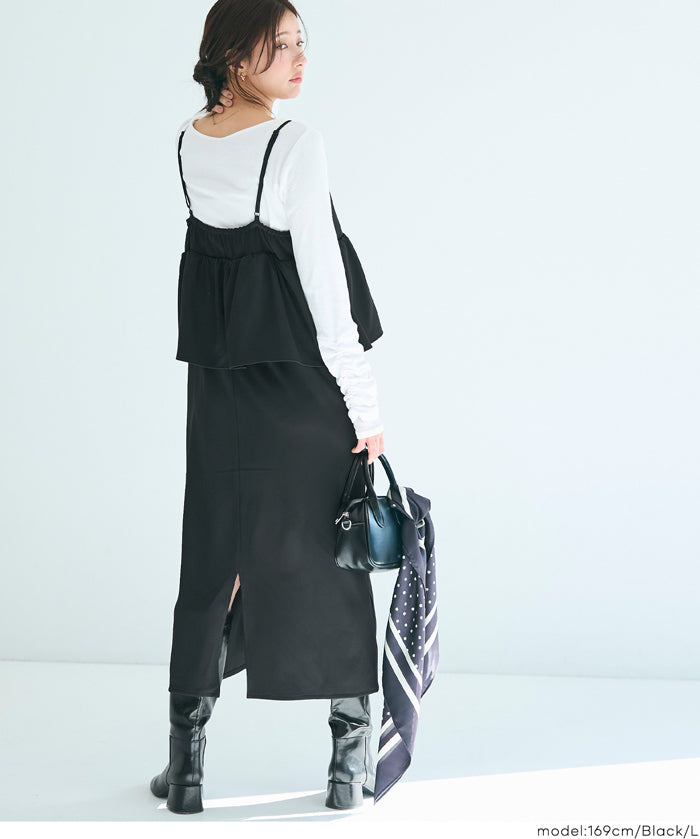 假兩件蝴蝶結荷花下擺細肩帶連身裙