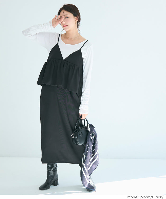 假兩件蝴蝶結荷花下擺細肩帶連身裙