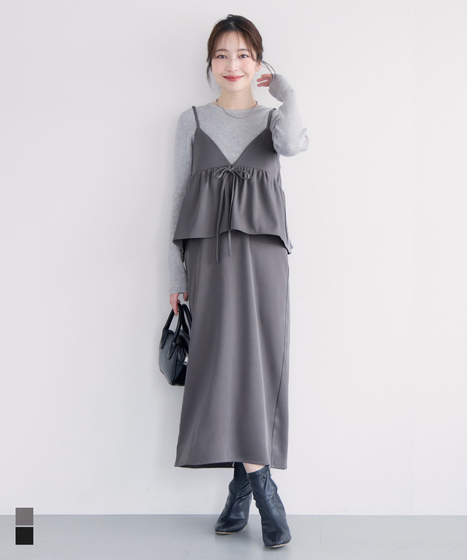 假兩件蝴蝶結荷花下擺細肩帶連身裙