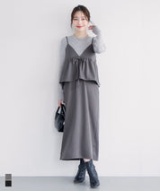 假兩件蝴蝶結荷花下擺細肩帶連身裙