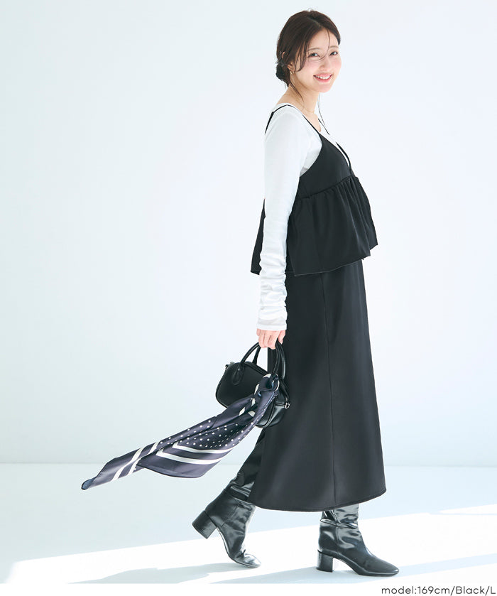 假兩件蝴蝶結荷花下擺細肩帶連身裙