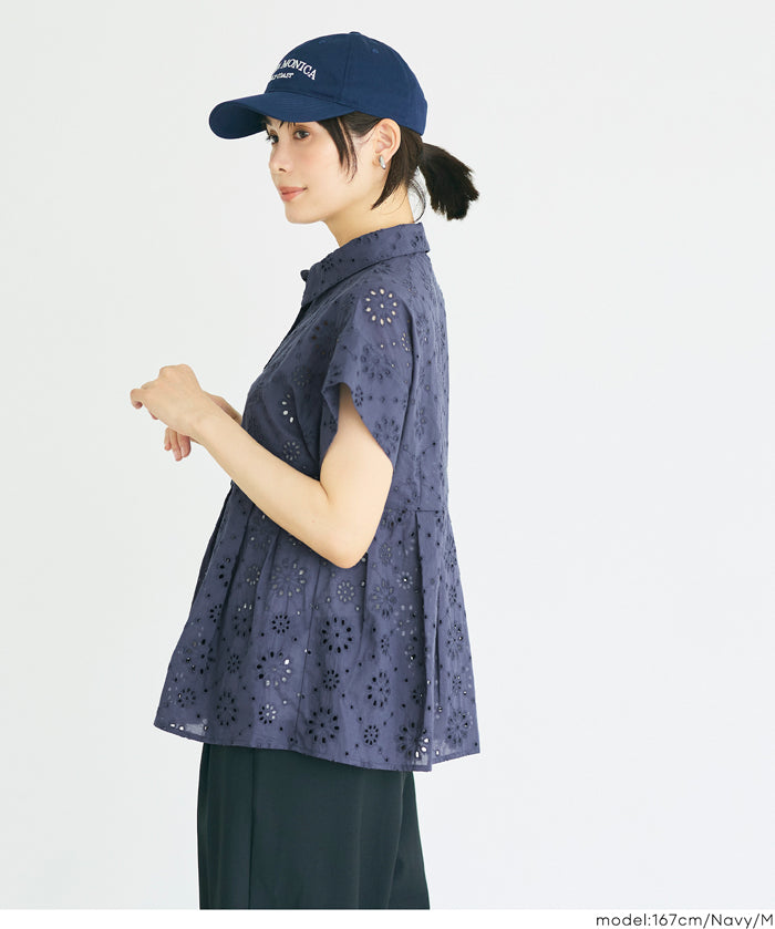 棉質蕾絲法式袖拼接設計襯衫