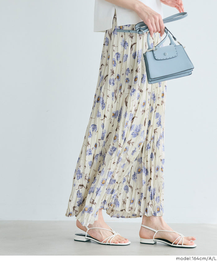 春日碎花修身百褶長裙