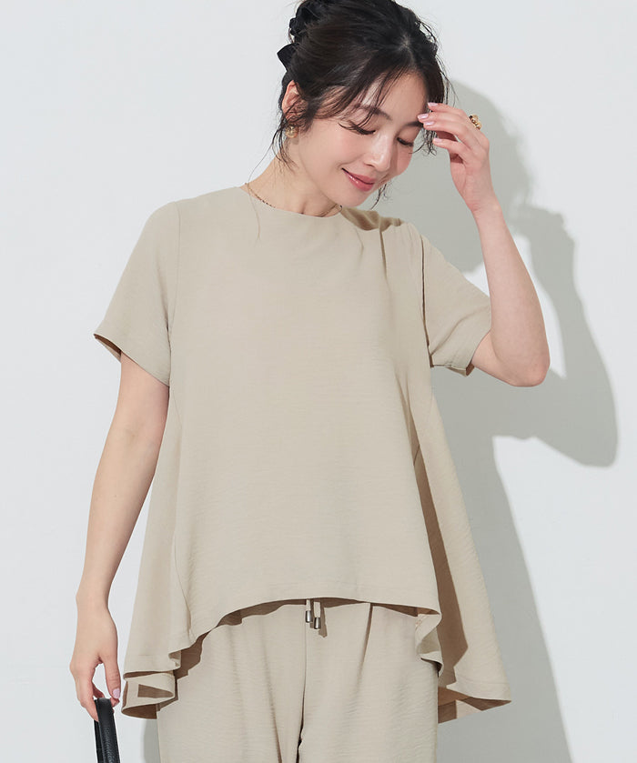 日系A字皺感緞面質感短袖娃娃衫 (Crinkled satin flared Top)