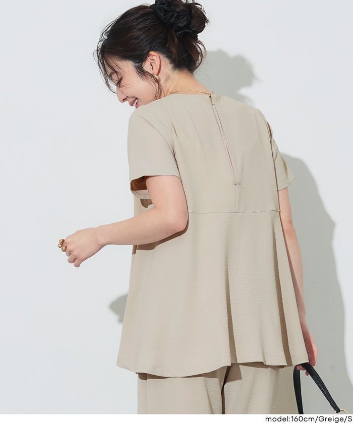 日系A字皺感緞面質感短袖娃娃衫 (Crinkled satin flared Top)