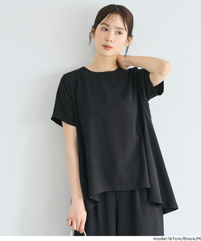 日系A字皺感緞面質感短袖娃娃衫 (Crinkled satin flared Top)