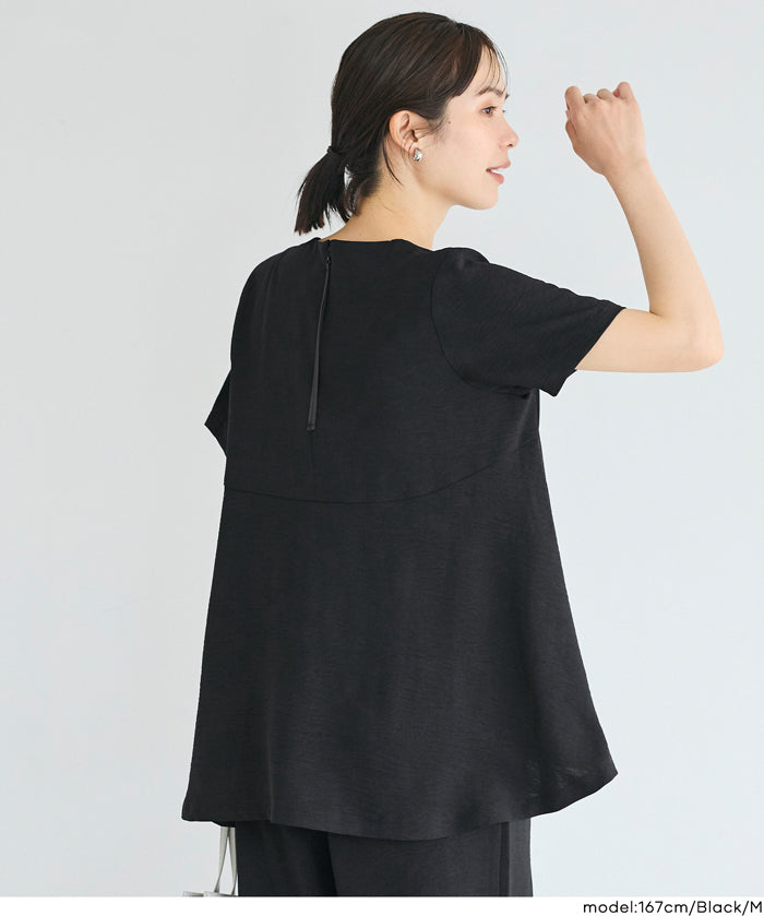 日系A字皺感緞面質感短袖娃娃衫 (Crinkled satin flared Top)