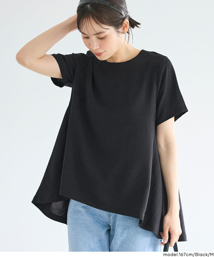 日系A字皺感緞面質感短袖娃娃衫 (Crinkled satin flared Top)