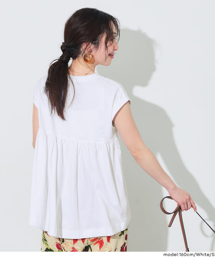 背後抓皺拼接無袖上衣 (Back-gathered roll-up sleeve T-shirt)