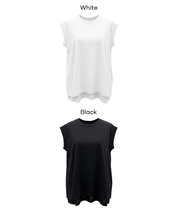 背後抓皺拼接無袖上衣 (Back-gathered roll-up sleeve T-shirt)