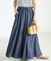 水洗牛仔抽繩A字長裙 (Flowy denim flared skirt)