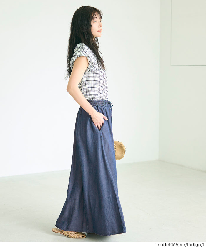 水洗牛仔抽繩A字長裙 (Flowy denim flared skirt)