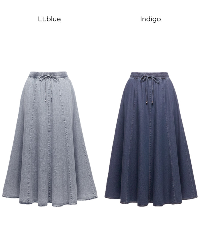 水洗牛仔抽繩A字長裙 (Flowy denim flared skirt)