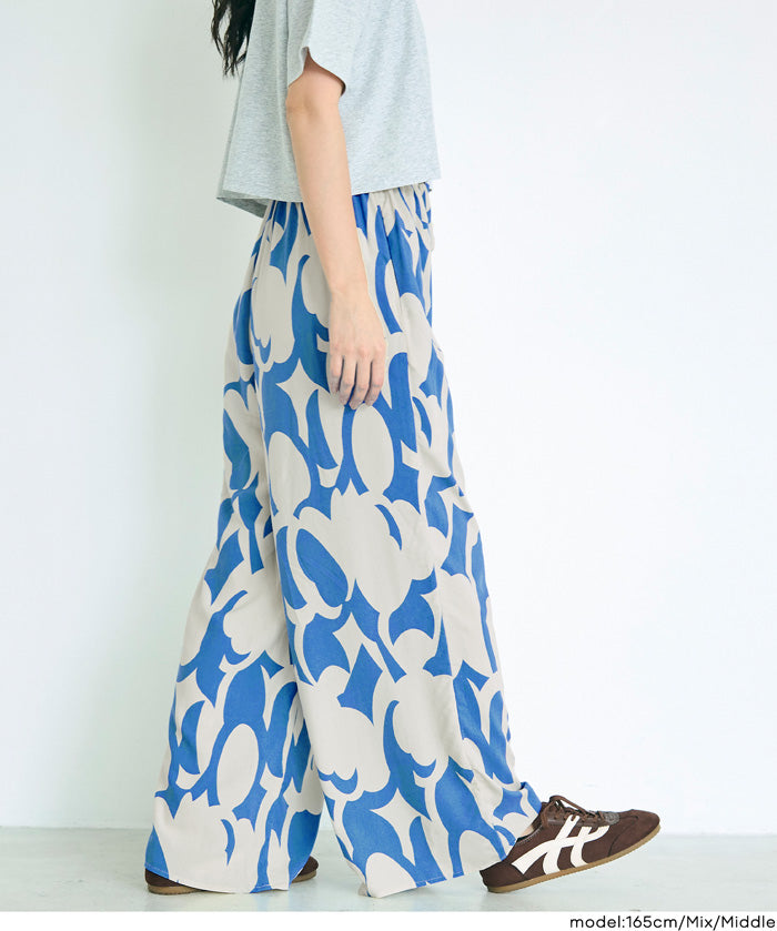 渡假感花樣休閒寬褲 (Rayon geometric pattern pants)