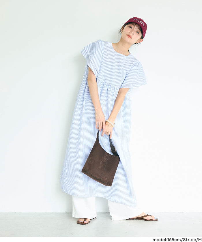 日系凹凸肌理荷葉袖娃娃拼接連身裙 (Soccer flared sleeve dress)