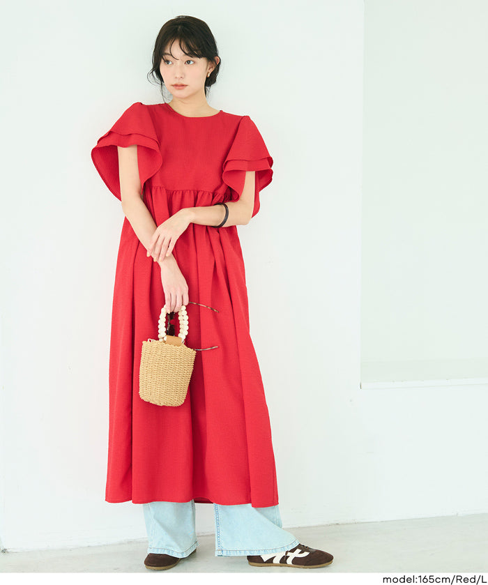 日系凹凸肌理荷葉袖娃娃拼接連身裙 (Soccer flared sleeve dress)