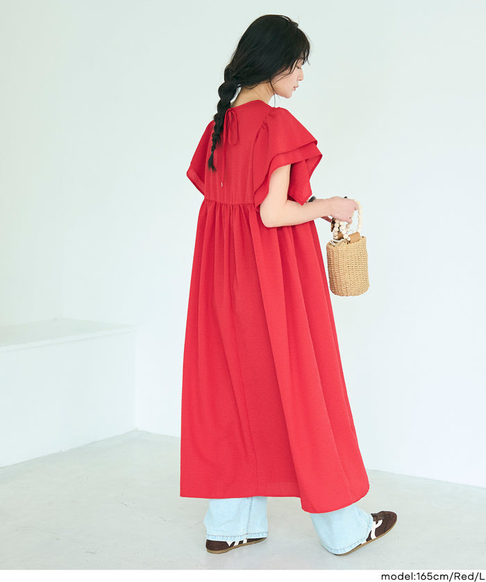 日系凹凸肌理荷葉袖娃娃拼接連身裙 (Soccer flared sleeve dress)