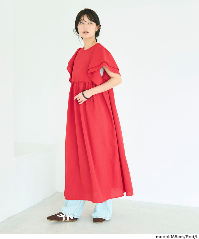 日系凹凸肌理荷葉袖娃娃拼接連身裙 (Soccer flared sleeve dress)