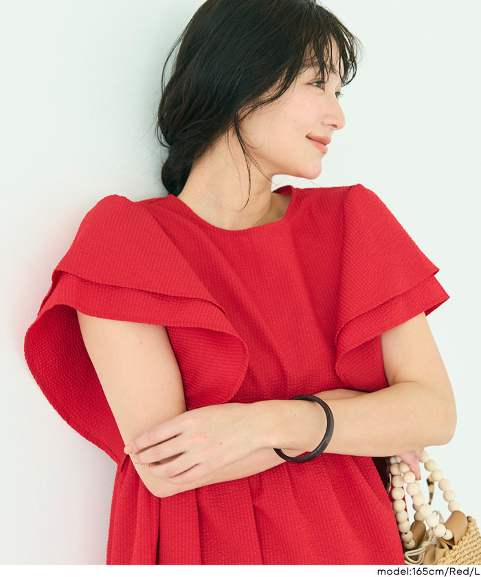 日系凹凸肌理荷葉袖娃娃拼接連身裙 (Soccer flared sleeve dress)
