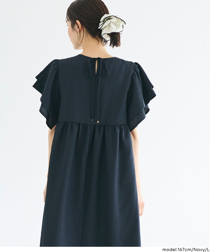 日系凹凸肌理荷葉袖娃娃拼接連身裙 (Soccer flared sleeve dress)