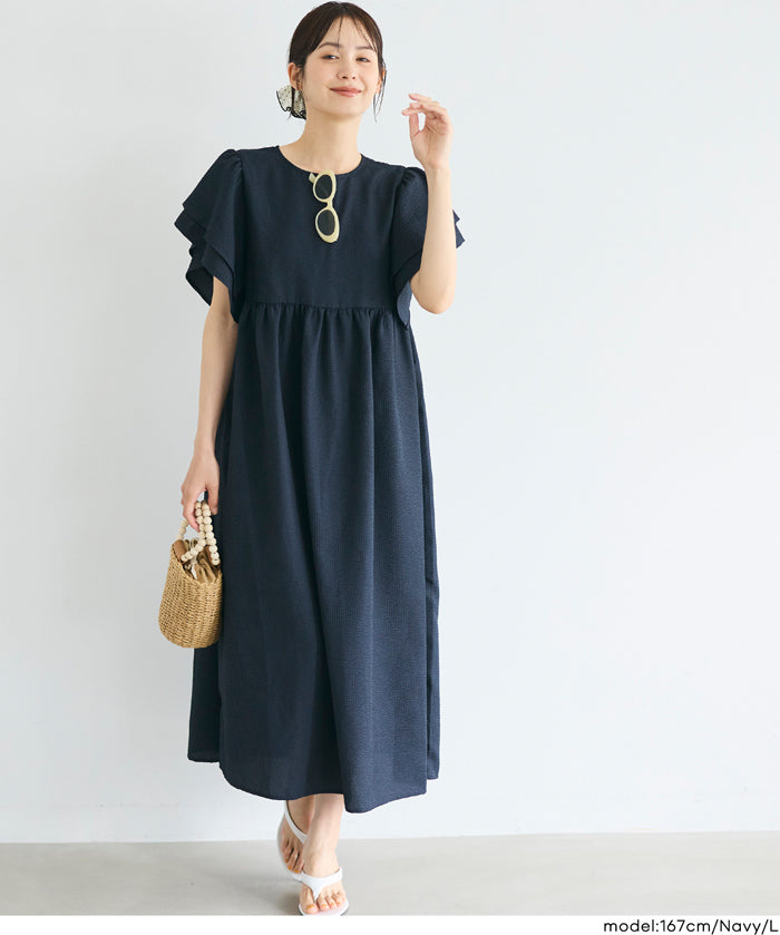 日系凹凸肌理荷葉袖娃娃拼接連身裙 (Soccer flared sleeve dress)