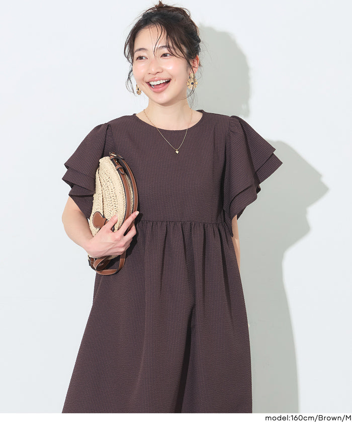 日系凹凸肌理荷葉袖娃娃拼接連身裙 (Soccer flared sleeve dress)