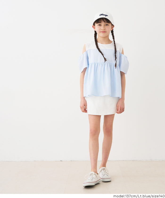 童裝露肩設計條紋拼接上衣