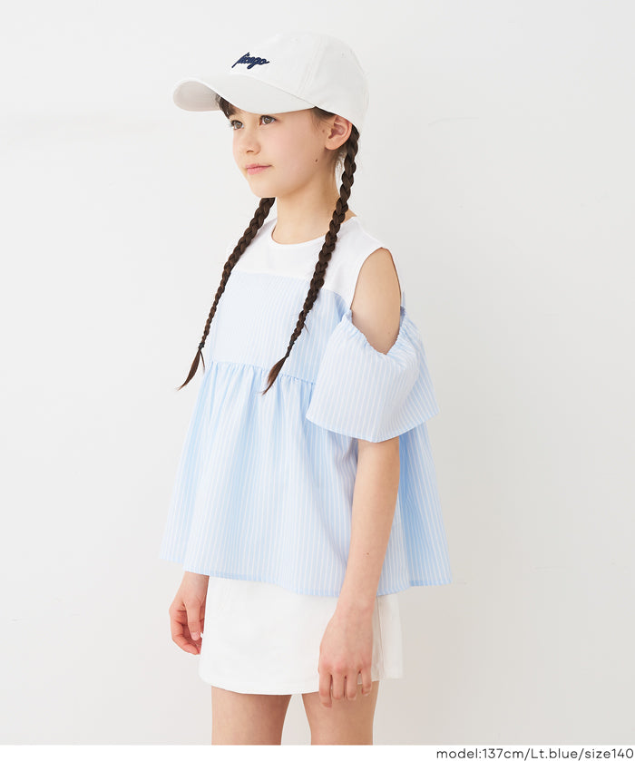 童裝露肩設計條紋拼接上衣
