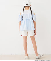 童裝露肩設計條紋拼接上衣