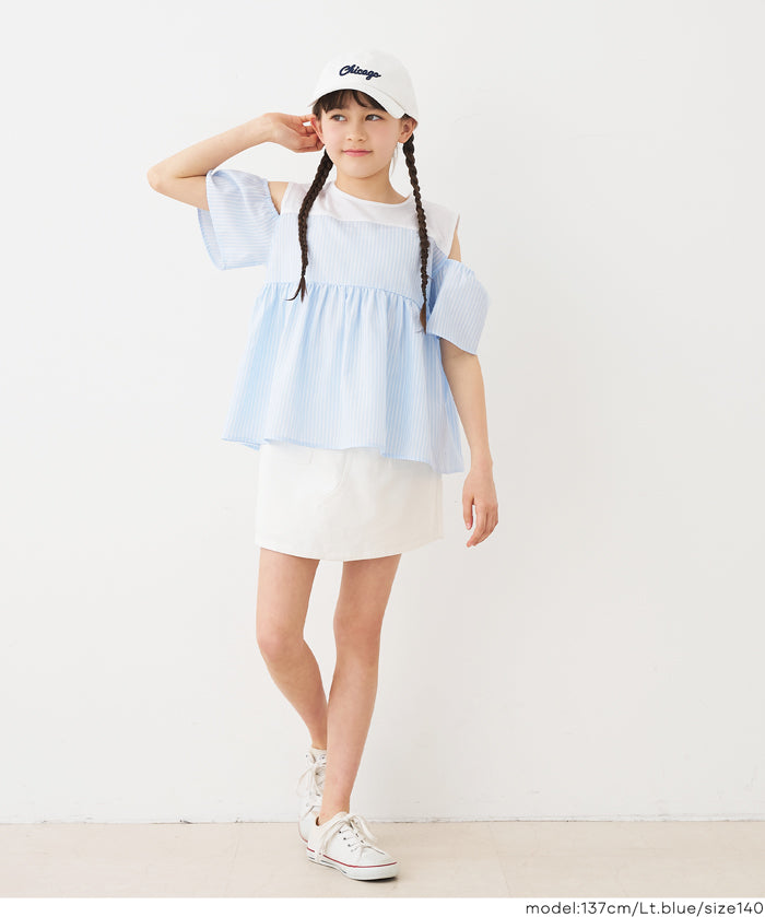 童裝露肩設計條紋拼接上衣